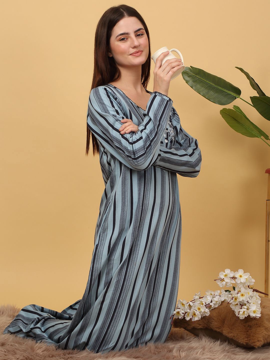 

Sweet Dreams Blue & Black Striped Pure Cotton Maxi Nightdress