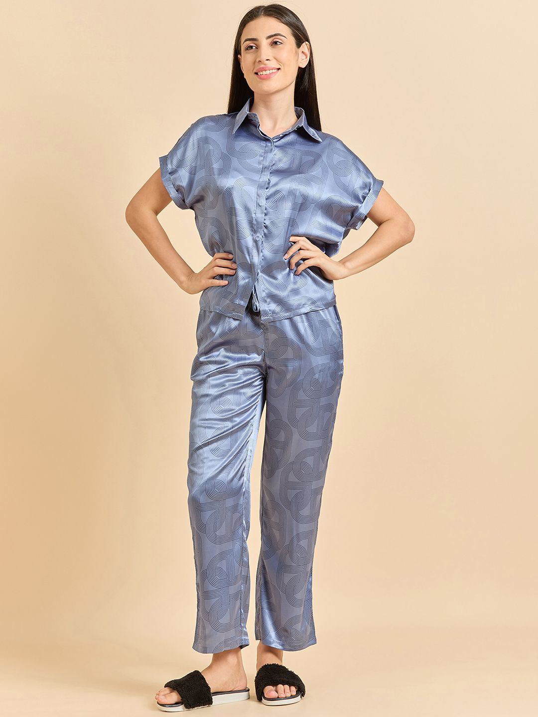 

Sweet Dreams Shirt Collar Short Sleeves Women Printed Night suit, Blue