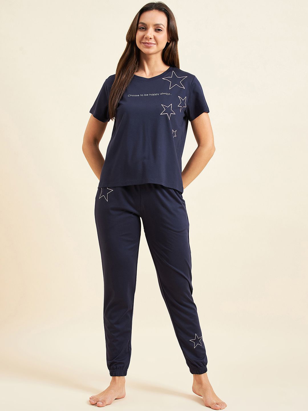 

Sweet Dreams Round Neck Short Sleeves Women Printed Night suit, Navy blue