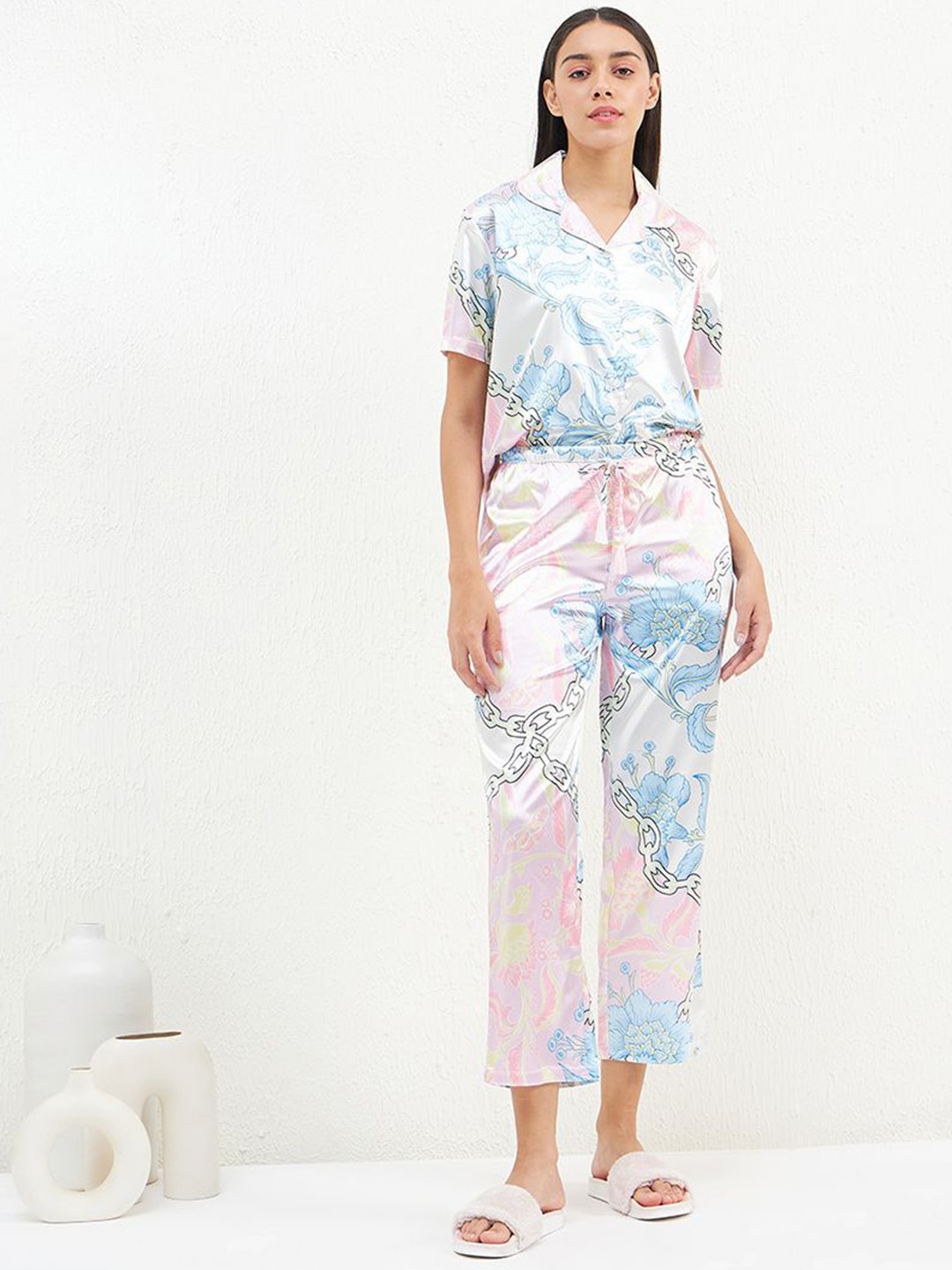 

Sweet Dreams Shirt Collar Short Sleeves Women Printed Night suit, Blue