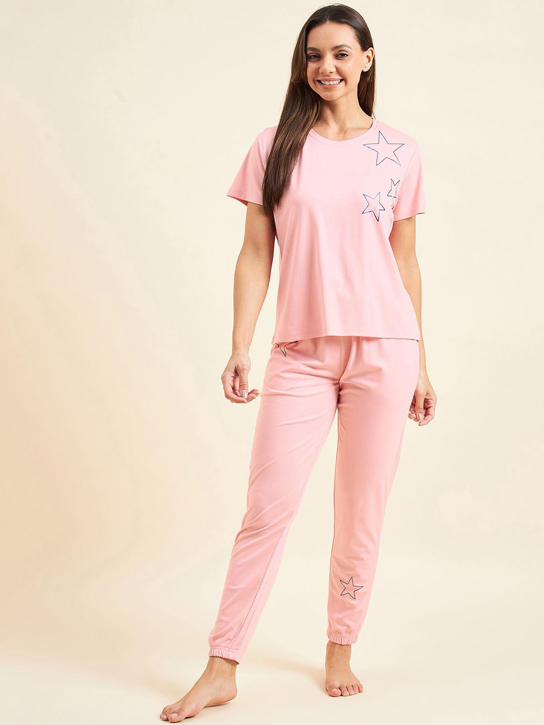 

Sweet Dreams Round Neck Short Sleeves Women Printed Night suit, Pink