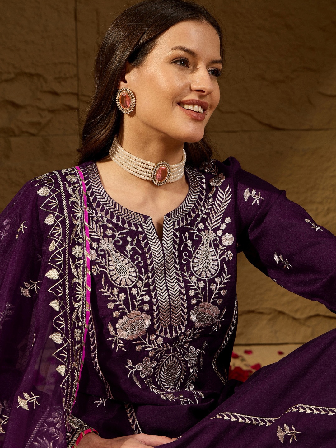 

KALINI Floral Embroidered Straight Kurta with Palazzos & Dupatta, Purple