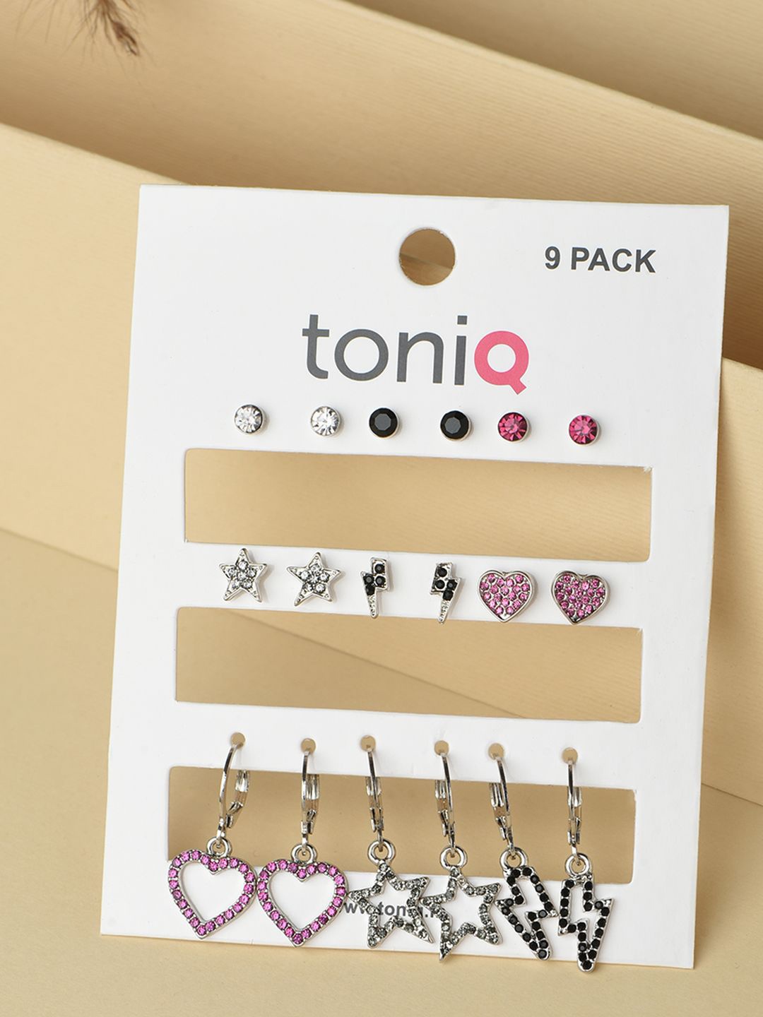 

ToniQ Set of 9 Silver Plated Geometric Studs Earrings