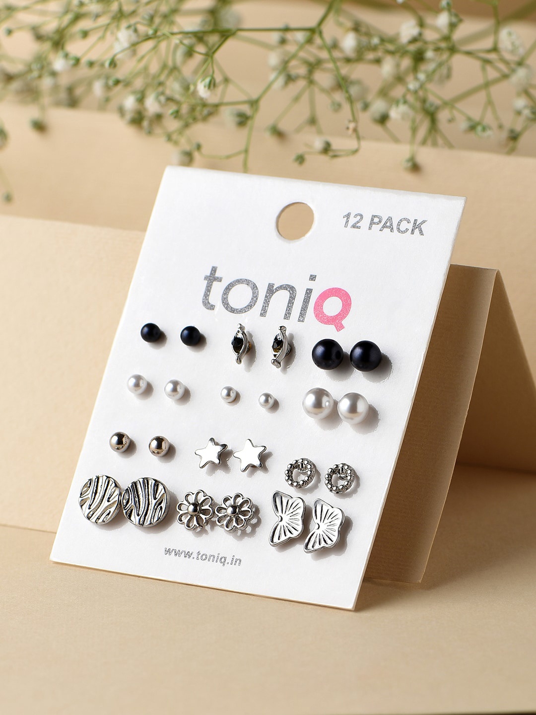 

ToniQ Set Of 12 Silver-Plated Oxidised Geometric Studs Earrings