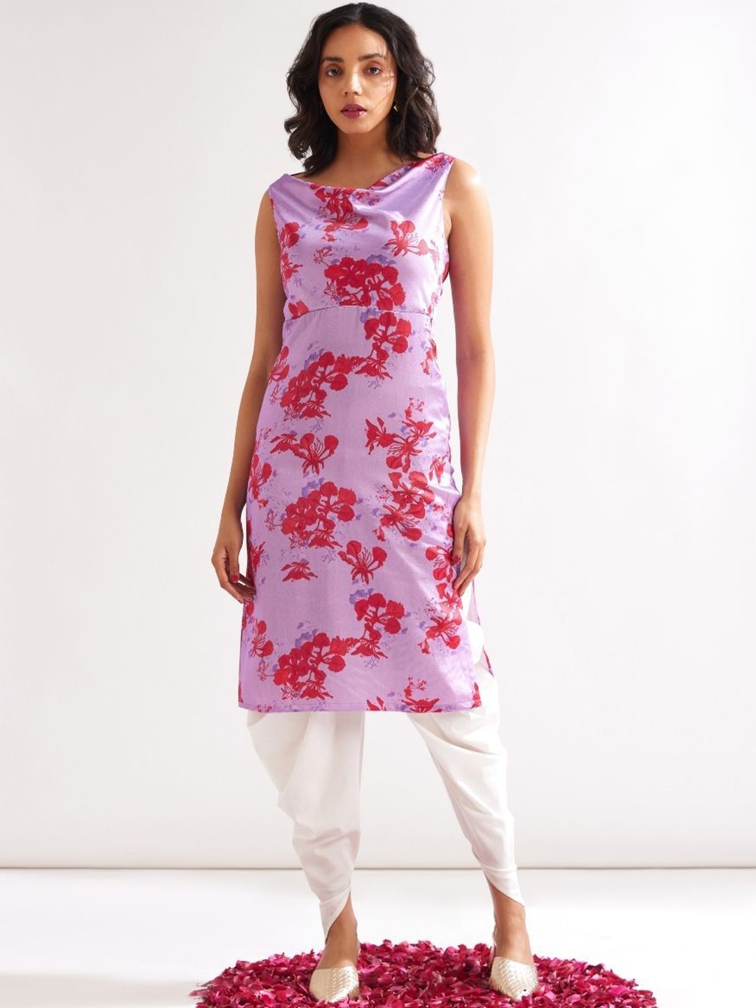 

Abhishti Floral Printed Cowl Neck Regular Satin Straight Kurta With Dhoti Pants, Lavender