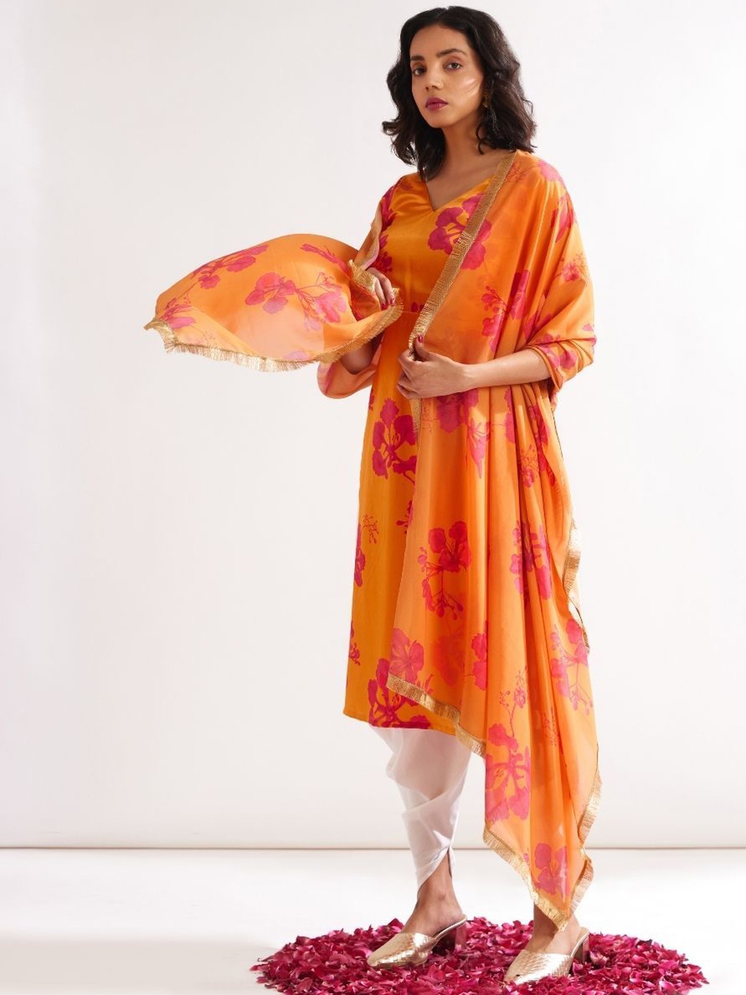 

Abhishti Floral Printed V-Neck Regular Satin Straight Kurta With Dhoti Pants & Dupatta, Orange