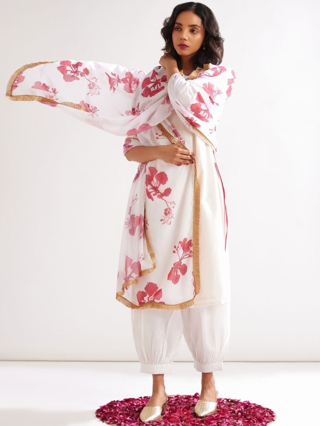 

Abhishti Floral Yoke Design Shirt Collar Regular Straight Kurta With Salwar & Dupatta, White