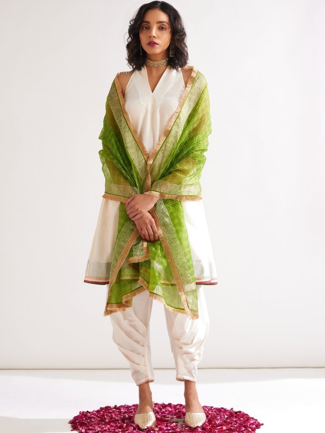 

Abhishti Halter Neck Regular A-Line Kurta With Trousers & Dupatta, Cream