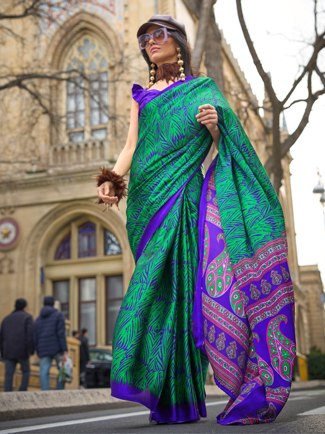 

DEVATITHI Paisley Satin Saree, Green