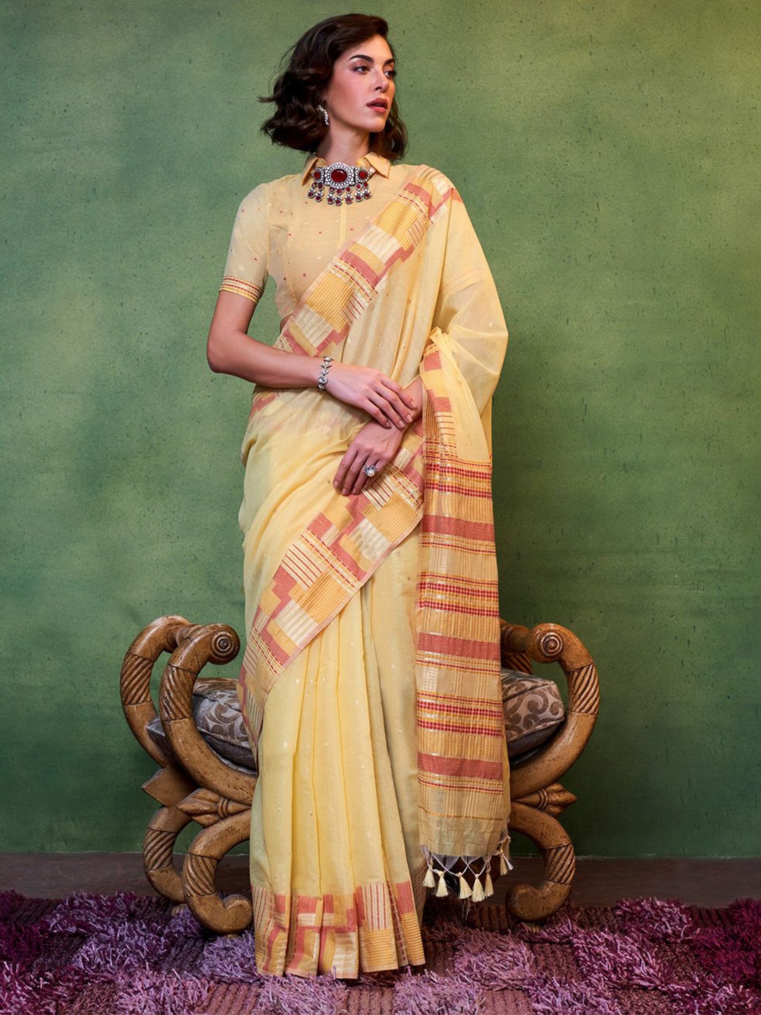

DEVATITHI Woven Design Zari Saree With Blouse Piece, Yellow