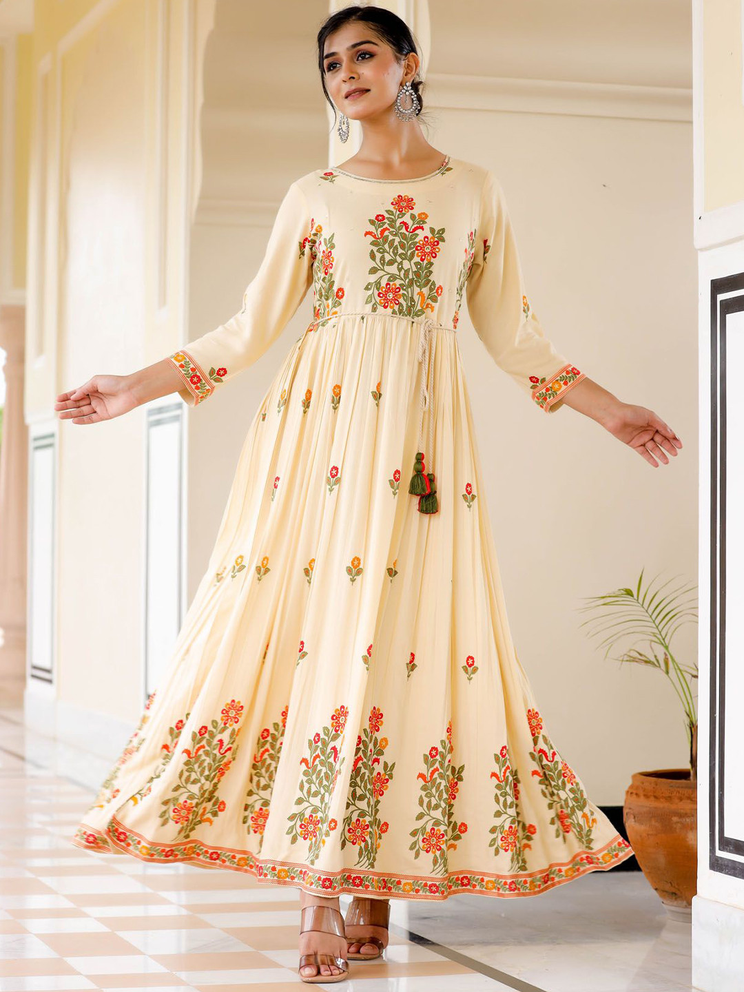 

FASHION DWAR Floral Embroidered Maxi Dress, Beige