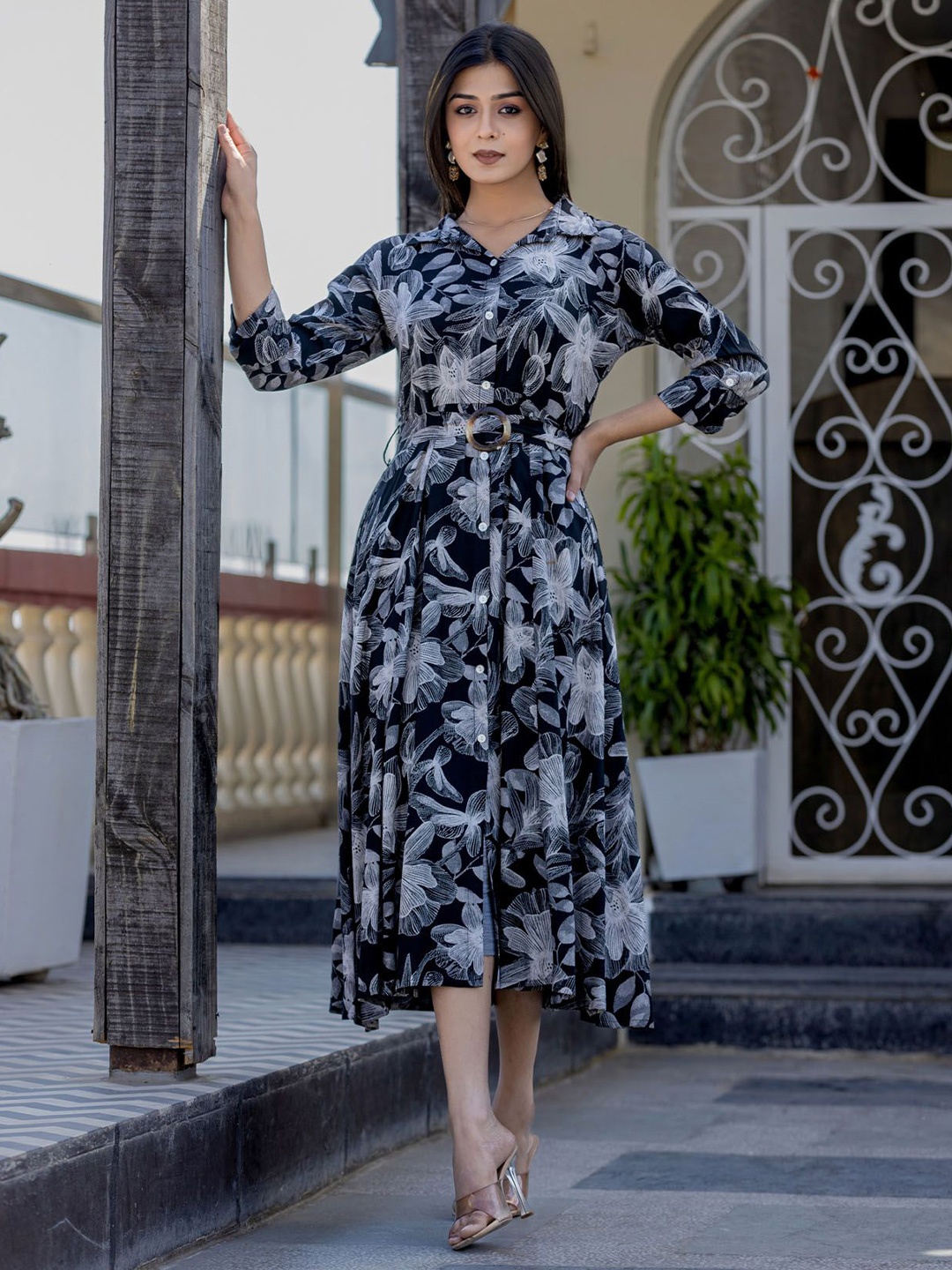 

FASHION DWAR Floral Print Applique Fit & Flare Midi Dress, Black