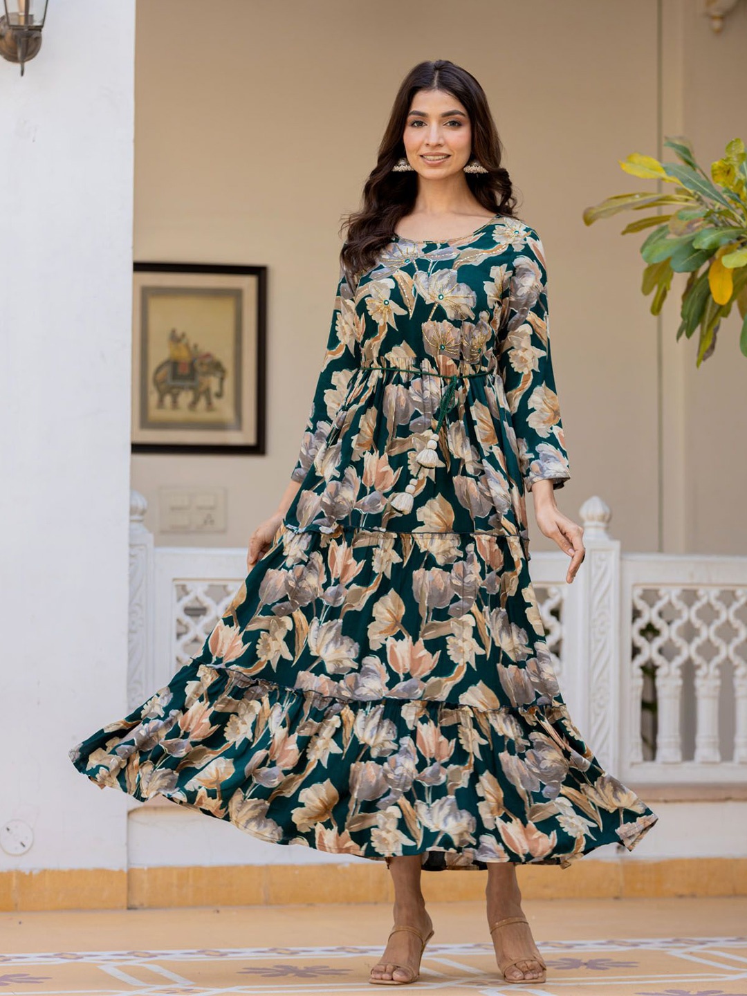 

FASHION DWAR Floral Print Bell Sleeve Applique Maxi Dress, Green