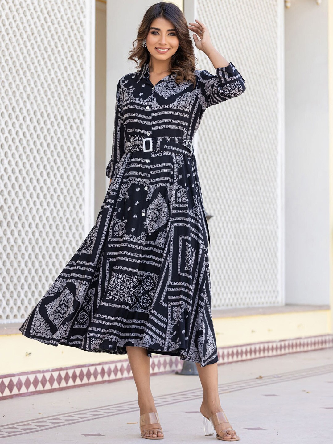 

FASHION DWAR Printed Shirt Collar Shirt Midi Dress, Black
