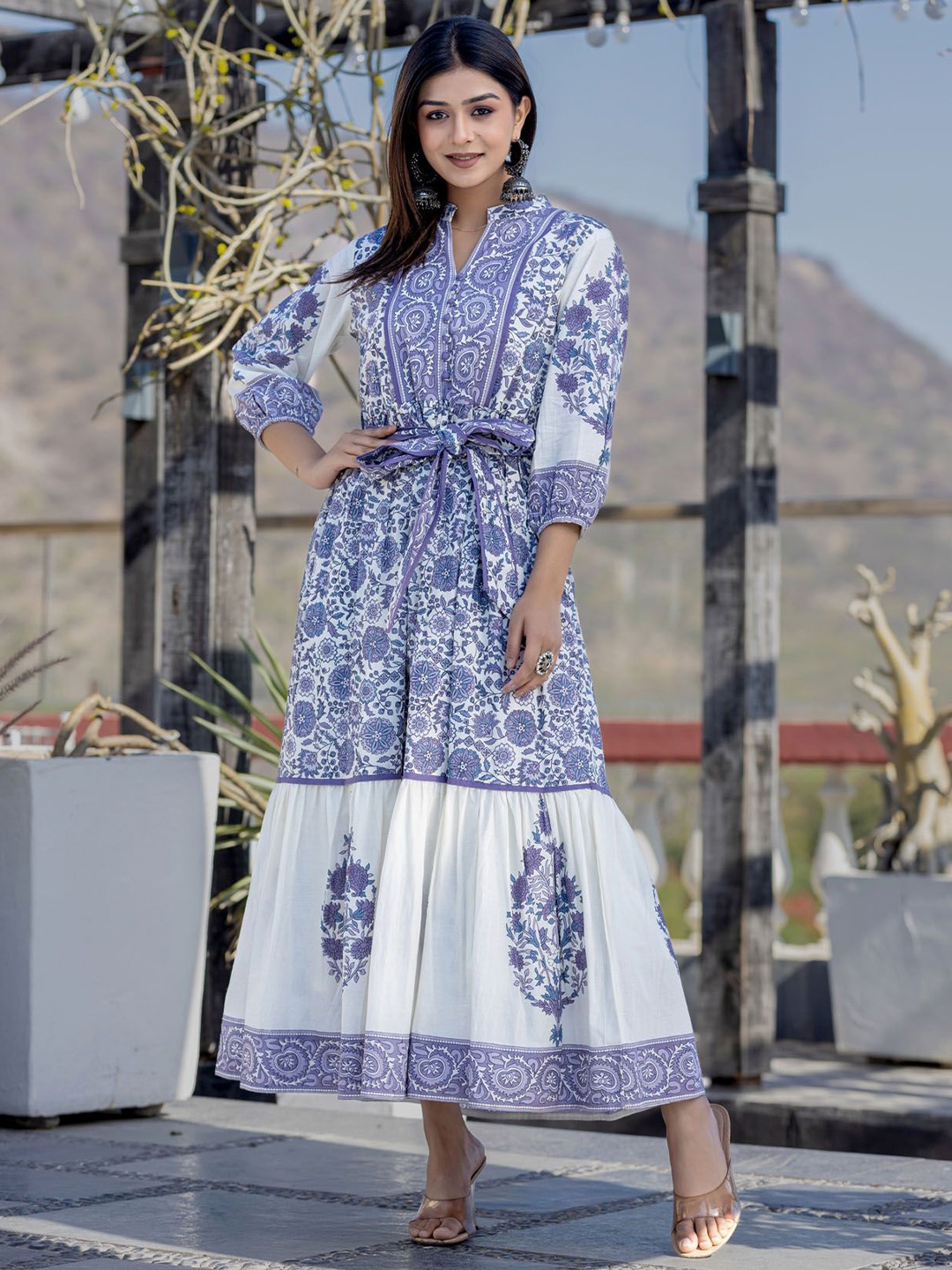 

FASHION DWAR Ethnic Motifs Print Cotton A-Line Ethnic Dress, Purple