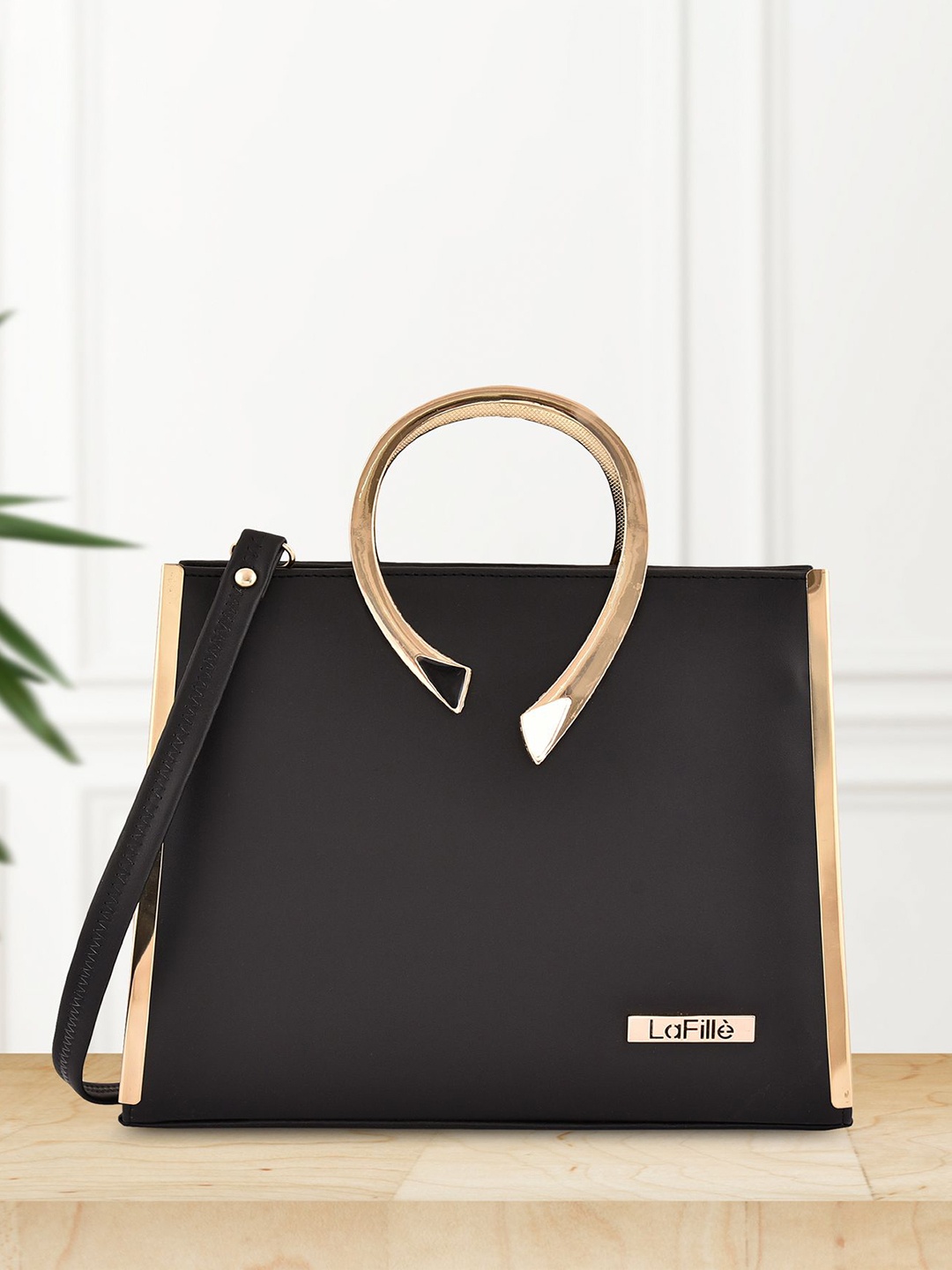 

LaFille Women Solid PU Structured Handheld Bag, Black