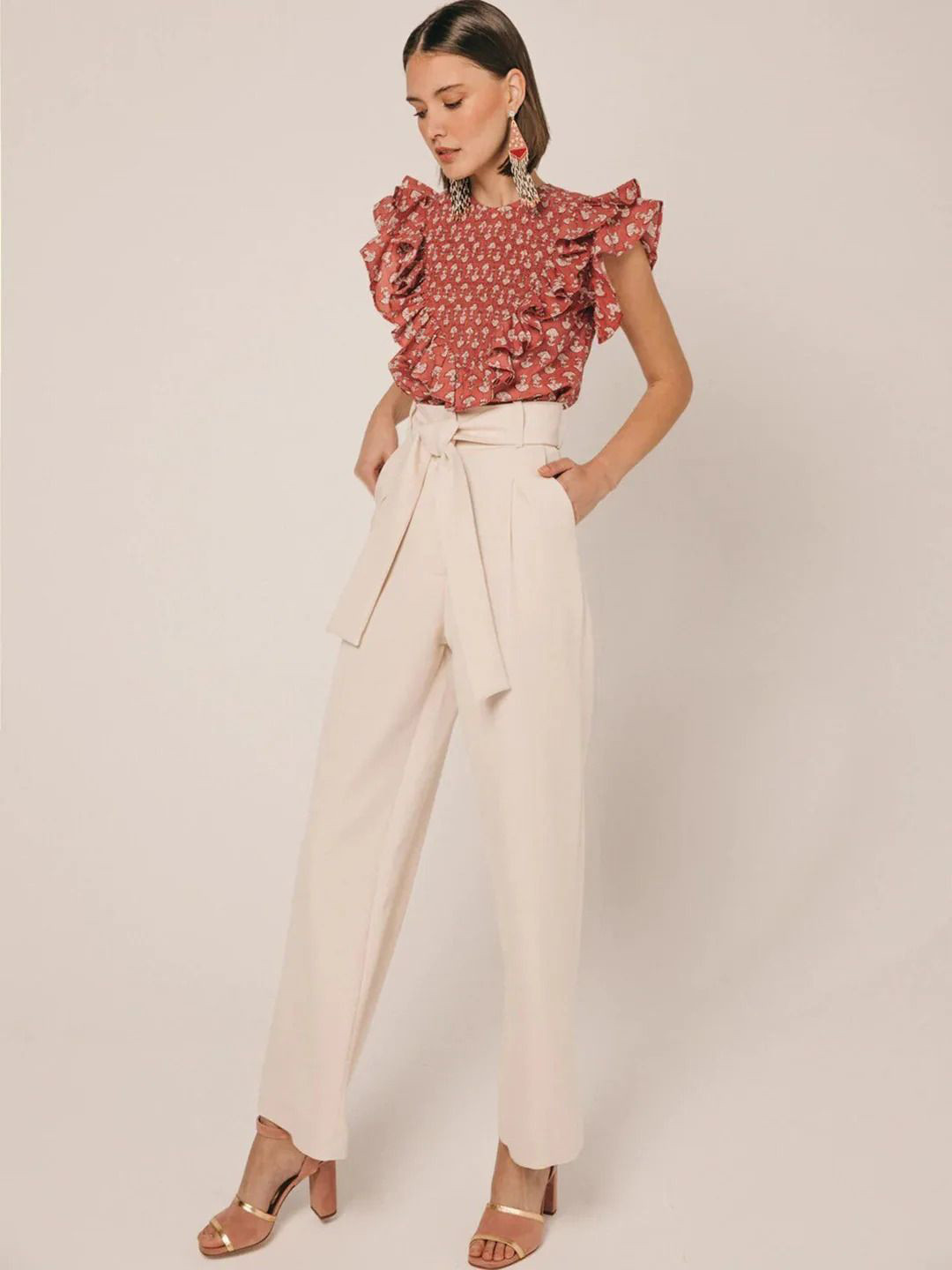 

KHUSHBOO AND PANKAJ Women Relaxed Straight Fit High-Rise Pleated Trousers, Off white