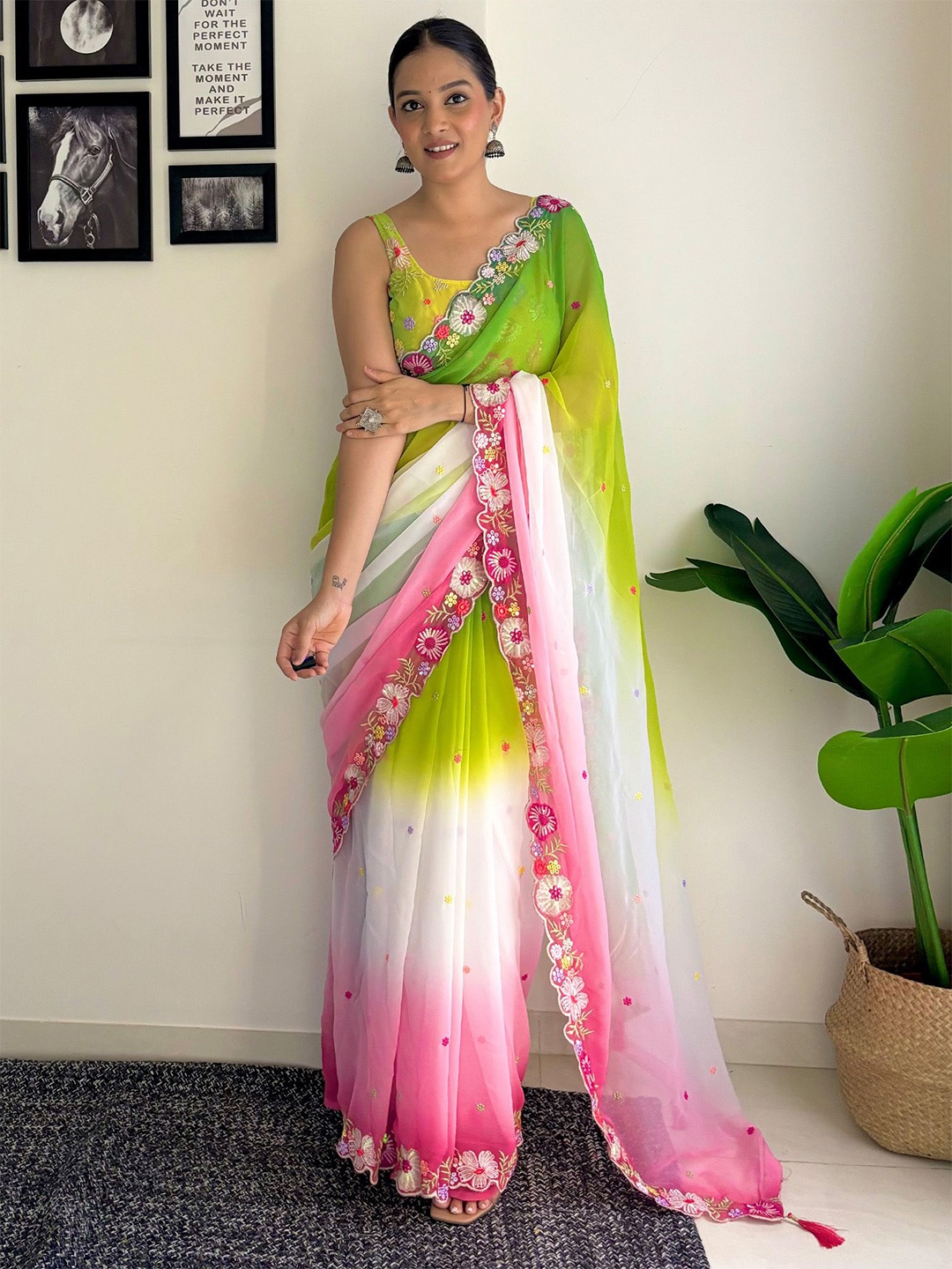 

KALINI Ombre Embroidered Pure Georgette Saree, Green