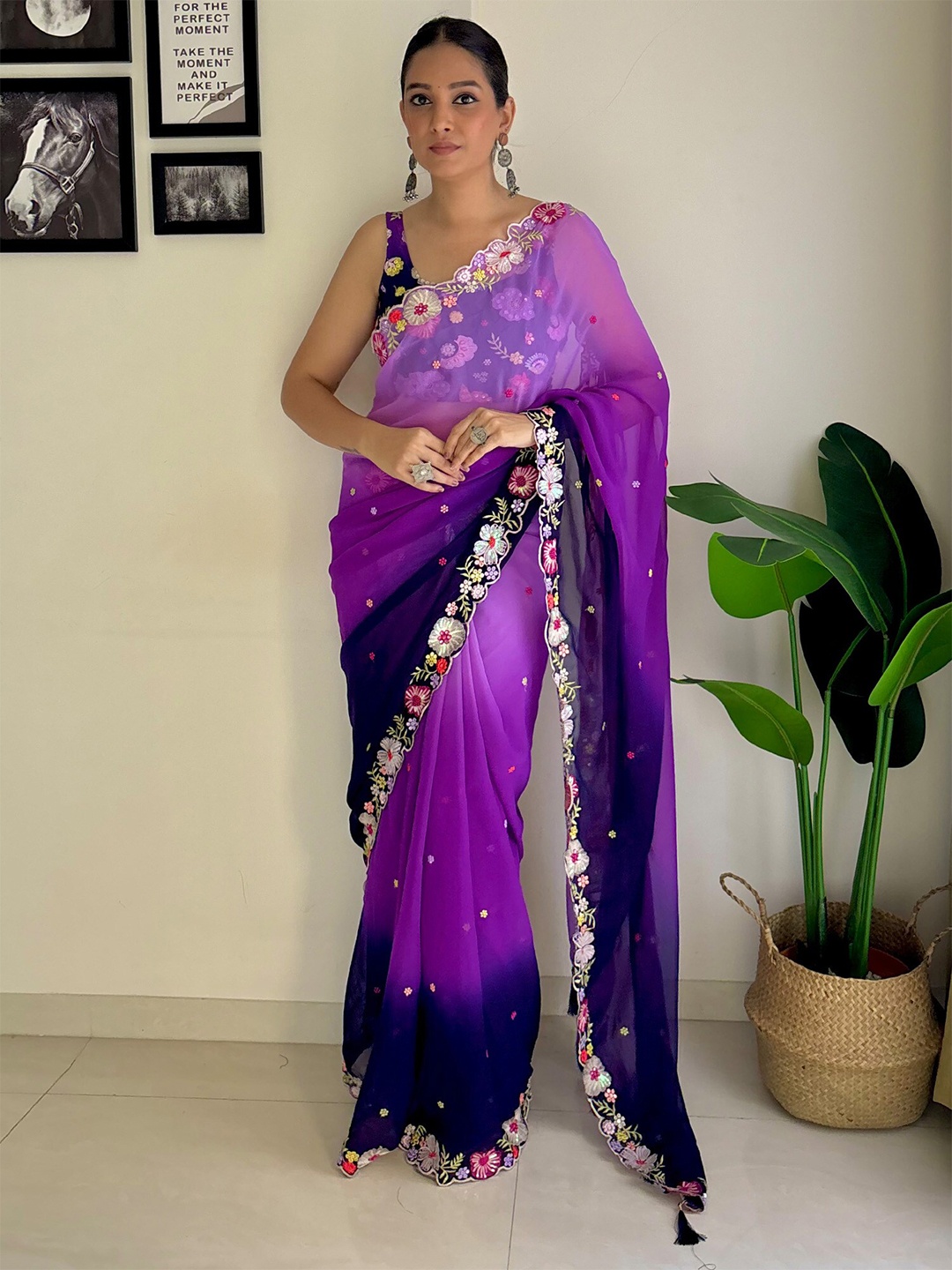KALINI Floral Embroidered Pure Georgette Heavy Work Saree, Purple