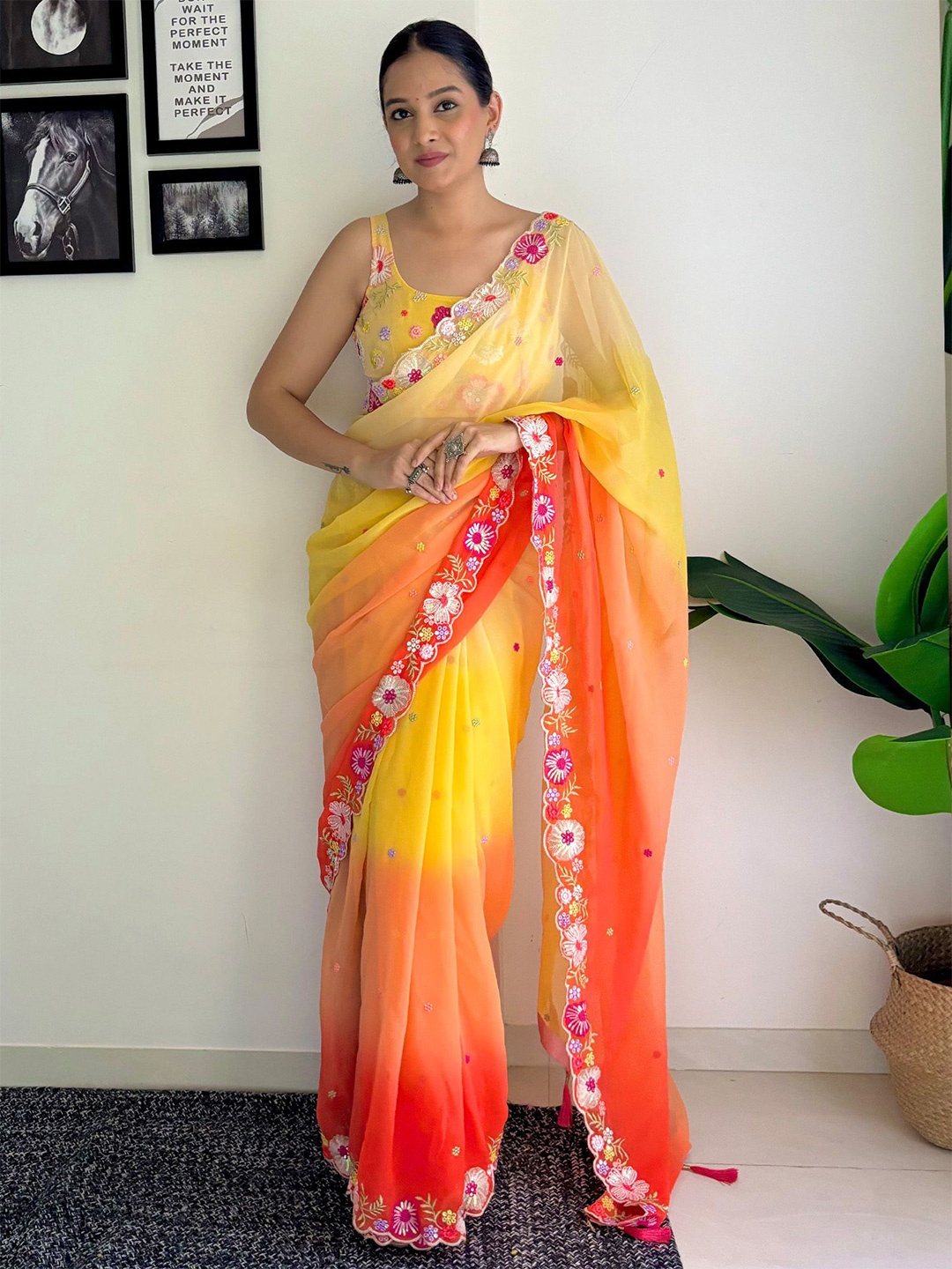 

KALINI Ethnic Motifs Embroidered Pure Georgette Heavy Work Saree, Yellow