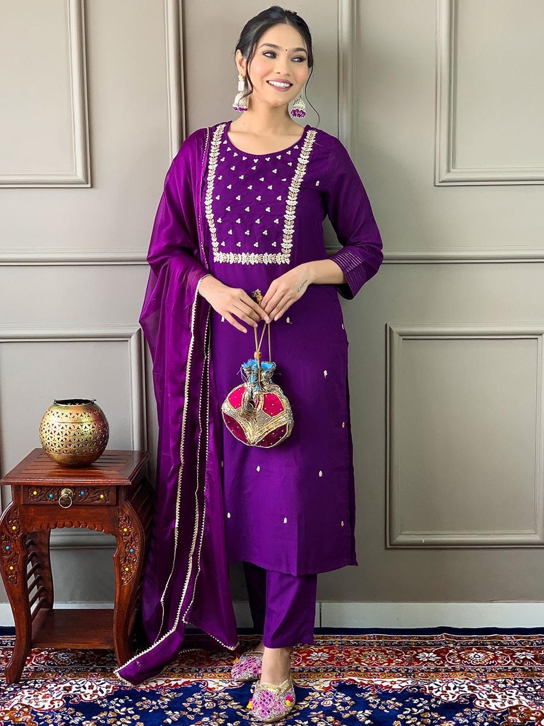 

KALINI Floral Embroidered Straight Kurta with Trousers & Dupatta, Violet