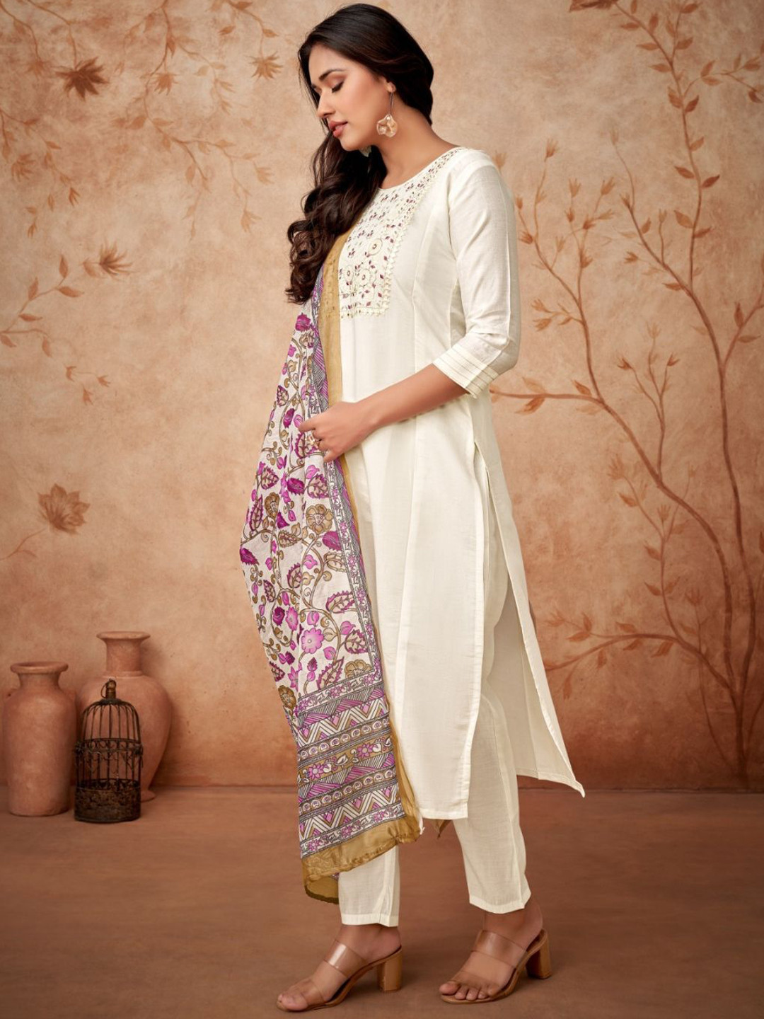 

KALINI Floral Yoke Design Thread Work Straight Chanderi Silk Kurta With Trousers & Dupatta, White
