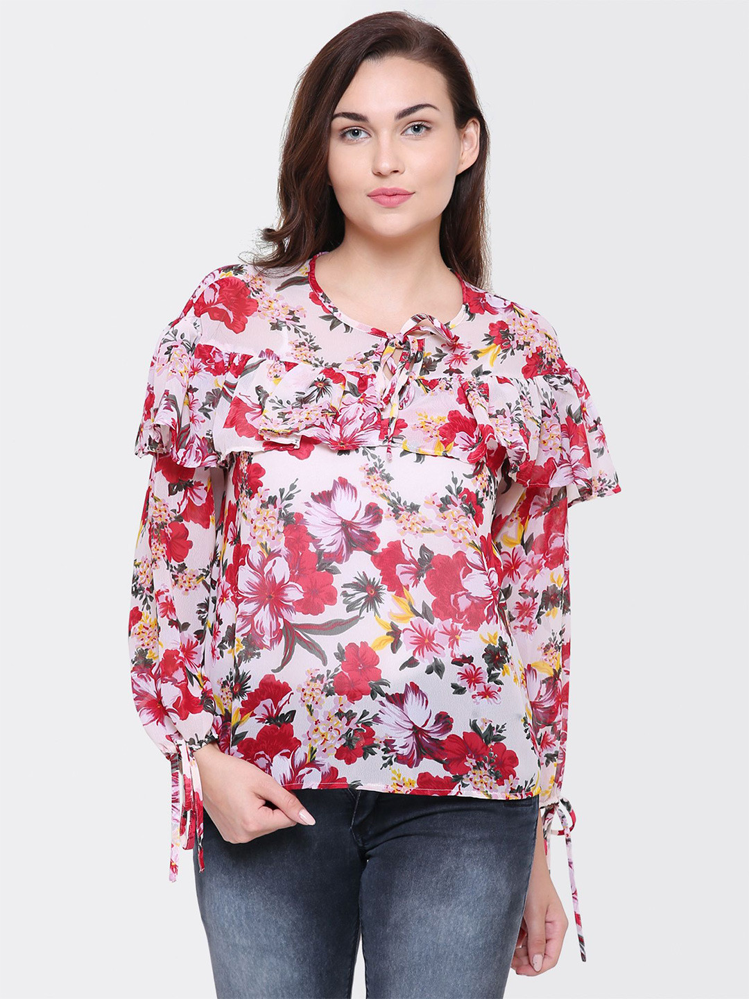 

Yaadleen Women Tie-Up Neck Floral Print Georgette Top, White