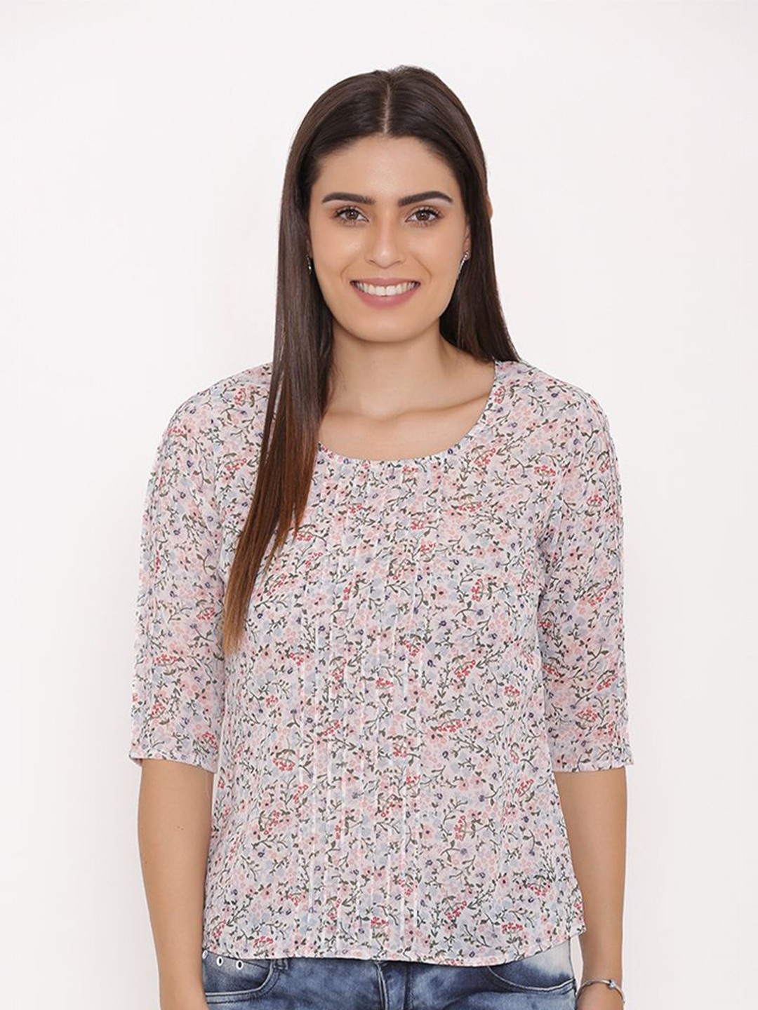 

Yaadleen Women Floral Print Three-Quarter Sleeves Georgette Top, White