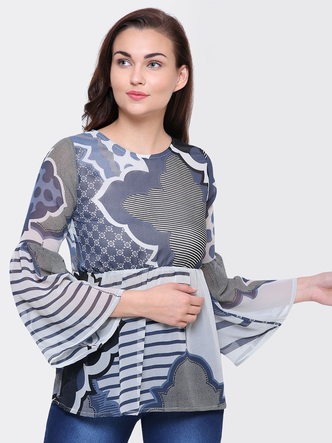 

Yaadleen Women Ethnic Print Bell Sleeve Georgette Cinched Waist Top, Blue