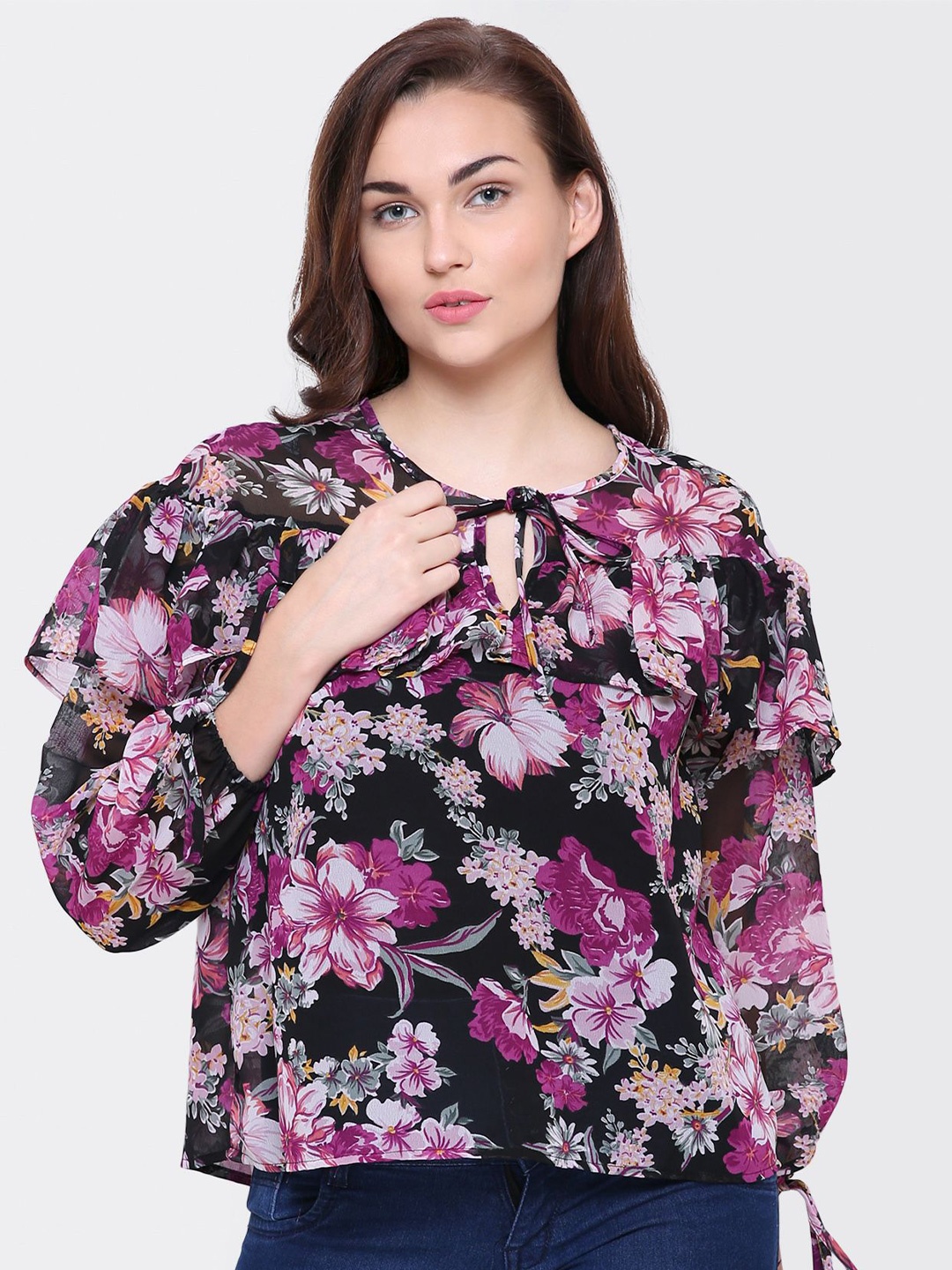 

Yaadleen Women Floral Print Tie-Up Neck Puff Sleeve Georgette Top, Black