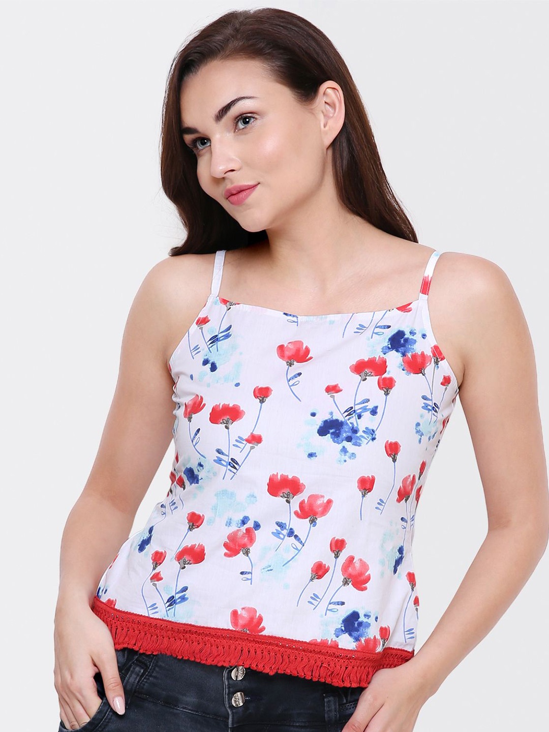 

Yaadleen Women Shoulder Straps Floral Printed Cotton Top, White