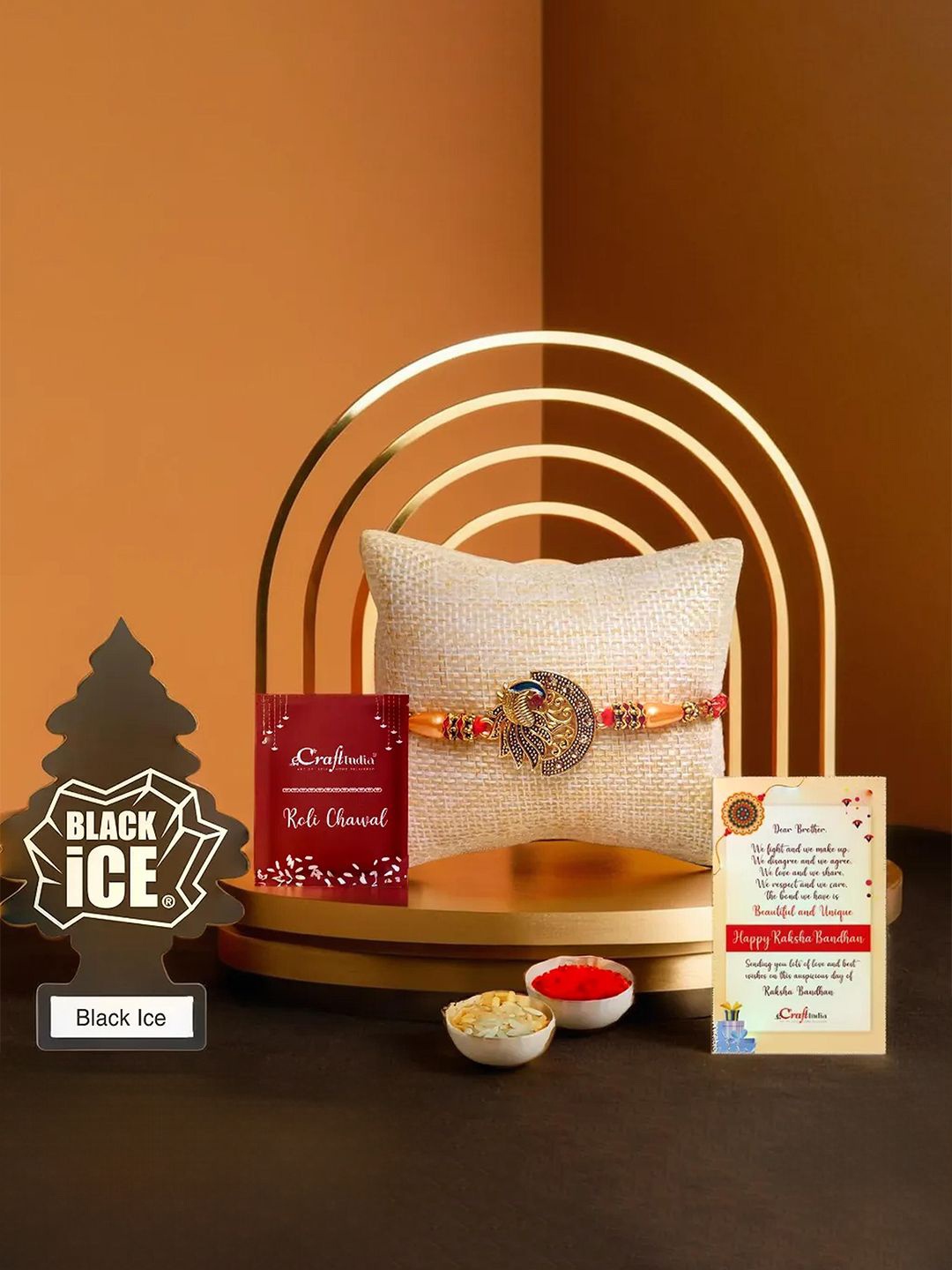 

eCraftIndia Set Of 2 Pearl Beaded Rakhi With Black Ice Pack Air Freshener & Rholi Chawal, Gold