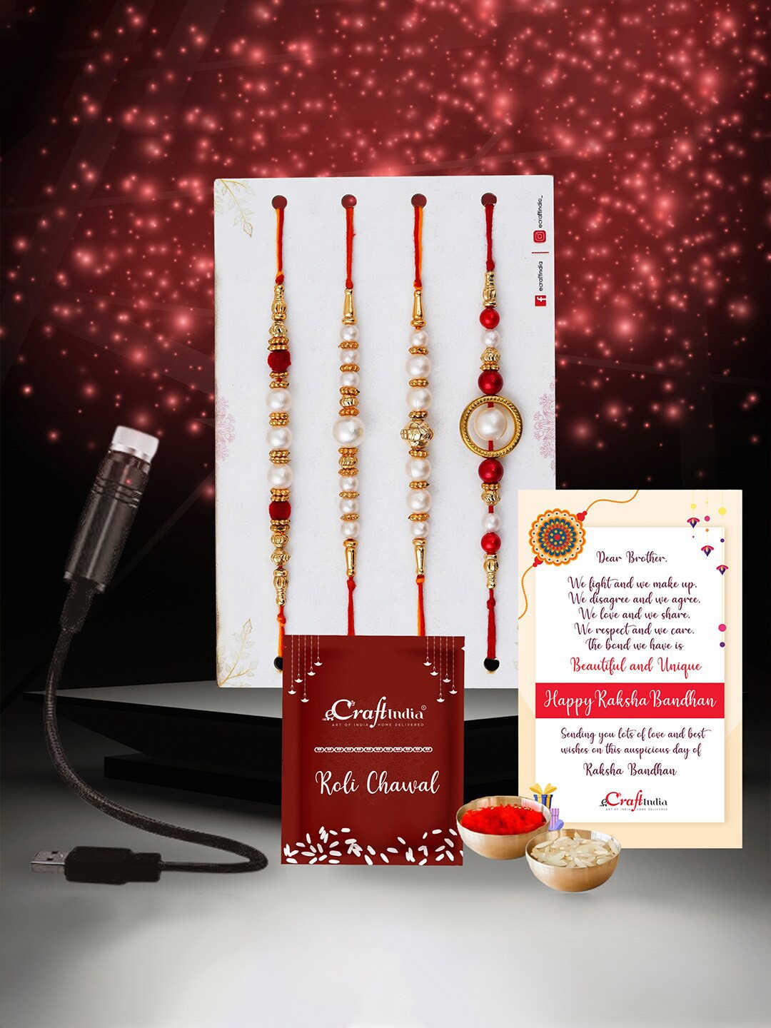 

eCraftIndia Set of 5 Pearl Beaded Rakhis with USB Light, Red