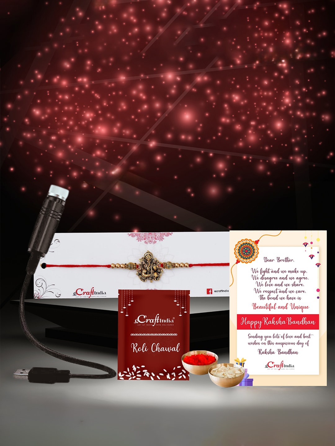 

eCraftIndia Set Of 2 Ganesha Rakhi With USB Light & Roli Chawal Greeting Card, Gold