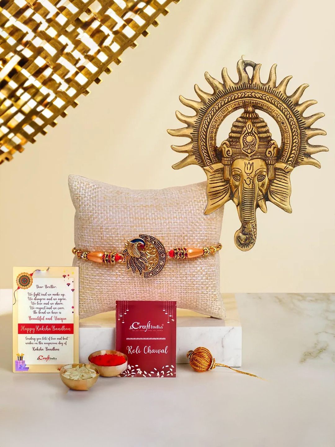 

eCraftIndia Set Of 2 Beaded Rakhi With Ganesha Idol Rholi Chawal & Greeting Card, Gold