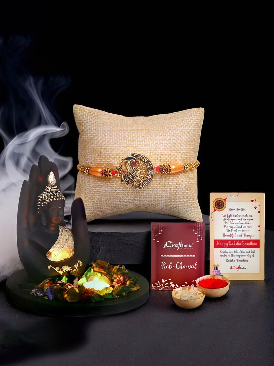 

eCraftIndia Set Of 2 Peacock Designer Rakhi With Palm Buddha Statue & Roli Chawal, Black