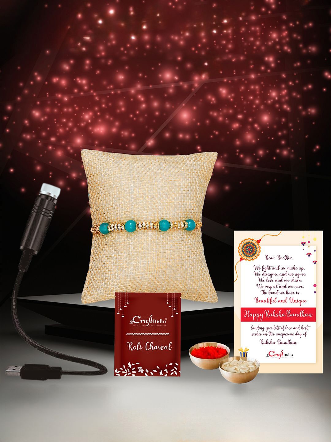 

eCraftIndia Set Of 2 Pearl Beaded Rakhi With USB Light & Roli Chawal, Green
