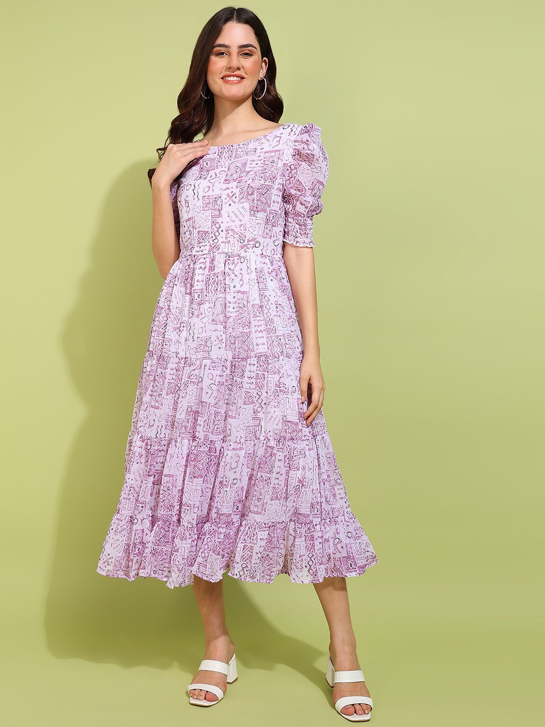 

DODO & MOA Puff Sleeve Georgette Fit & Flare Midi Dress, Lavender