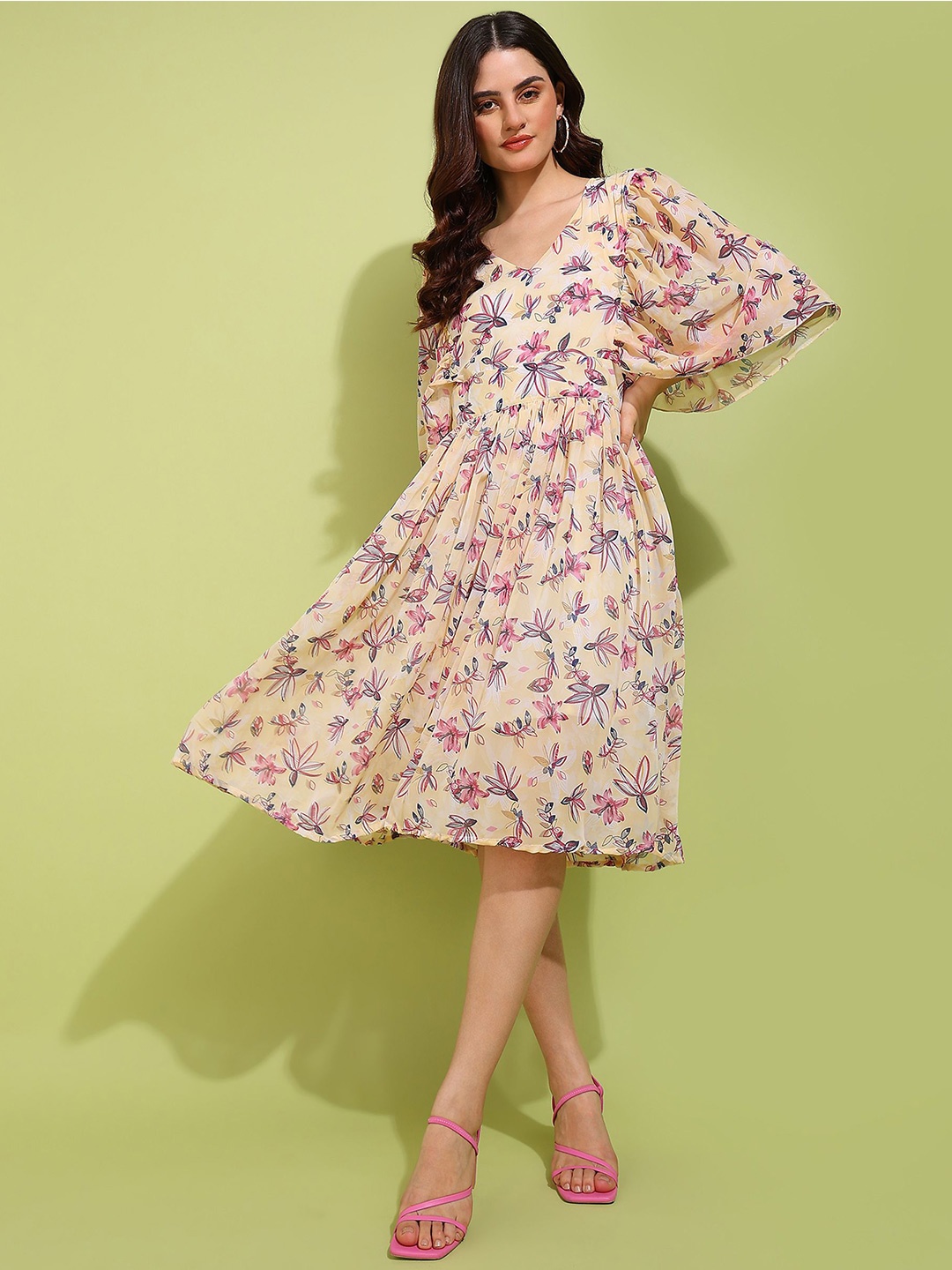 

DODO & MOA Women Floral Print Flared Sleeve Fit & Flare Dress, Yellow