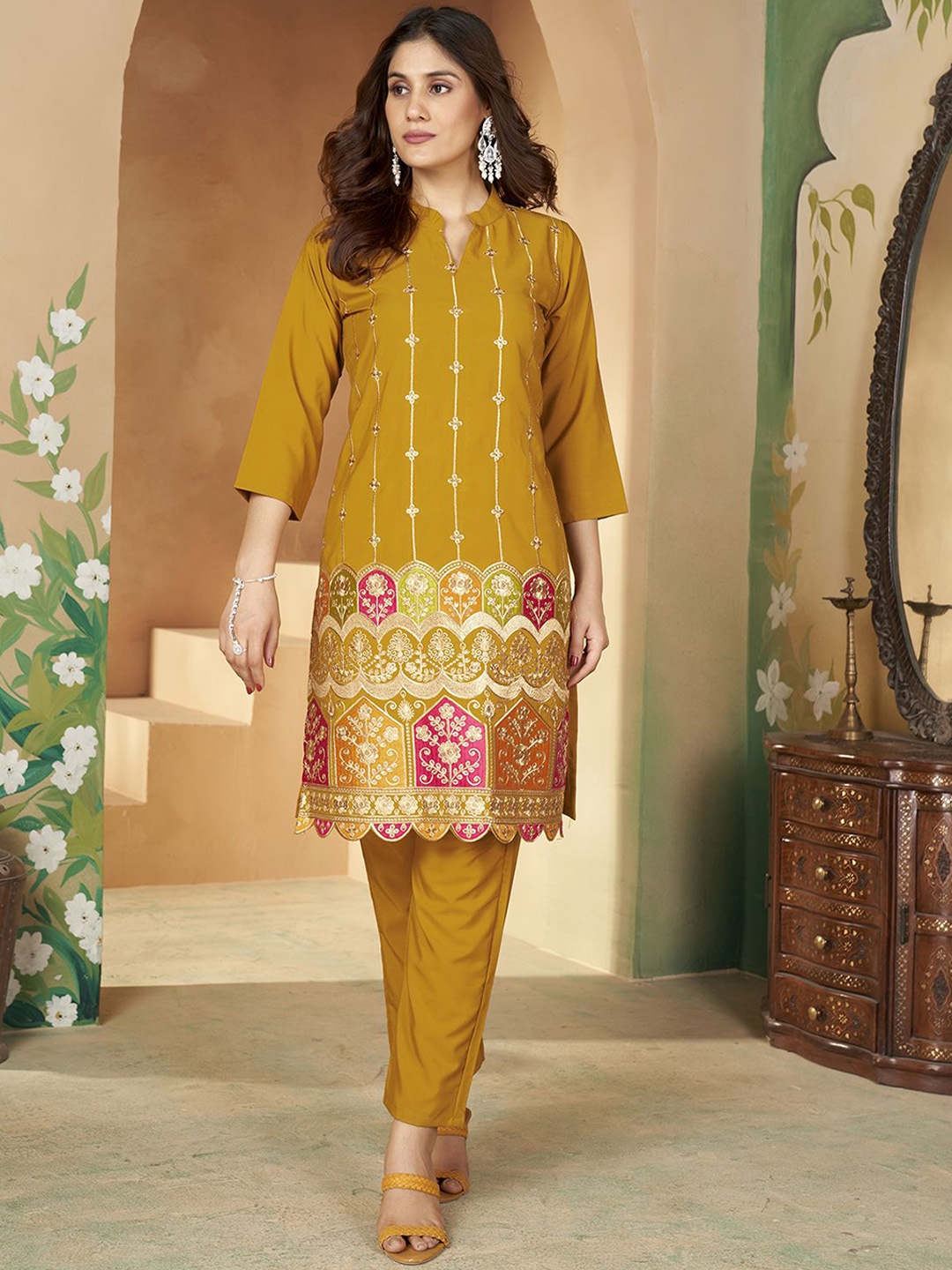 

KALINI Ethnic Motifs Embroidered Straight Thread Work Kurta with Trousers, Yellow