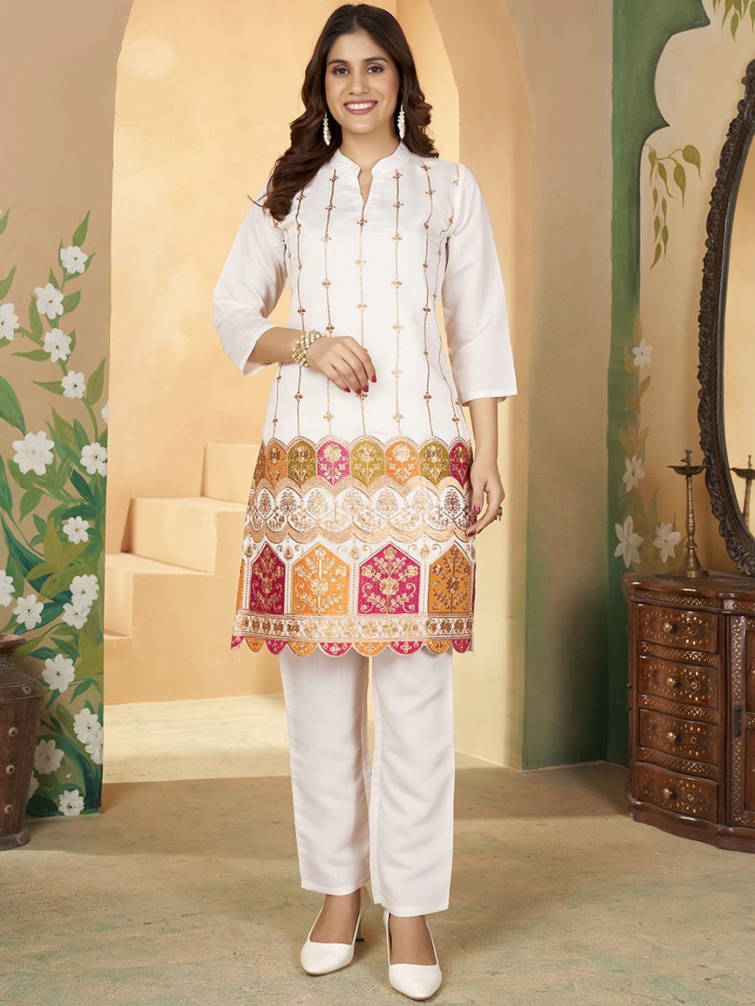 

KALINI Ethnic Motifs Embroidered Straight Thread Work Kurta with Trousers, White