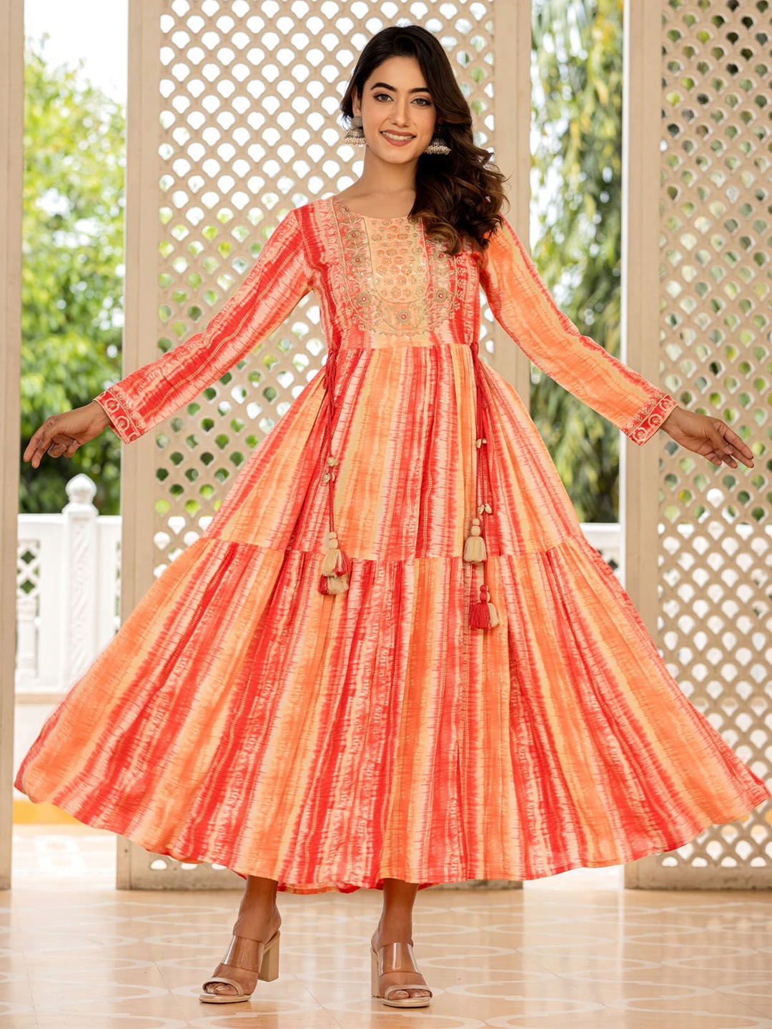 

FASHION DWAR Embroidered Tie and Dye Maxi Dress, Orange