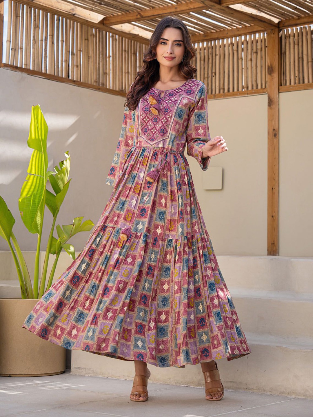 

FASHION DWAR Ethnic Motifs Print Cotton Fit and Flare Maxi Ethnic Dress, Pink