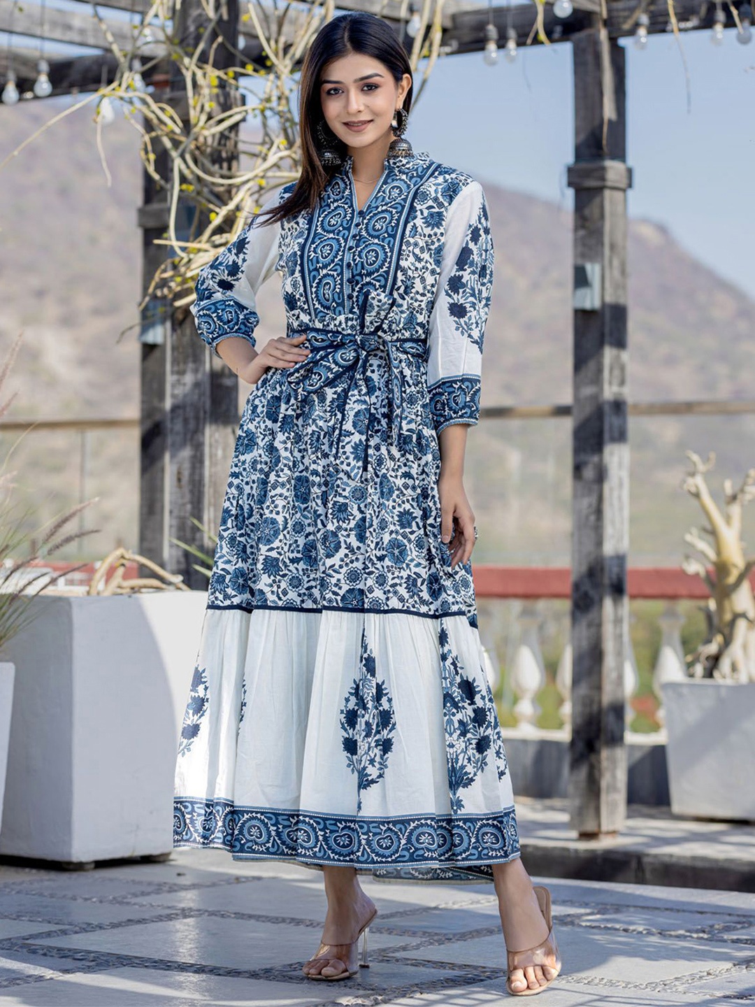 

FASHION DWAR Ethnic Motifs Print Cotton A-Line Ethnic Dress, Blue