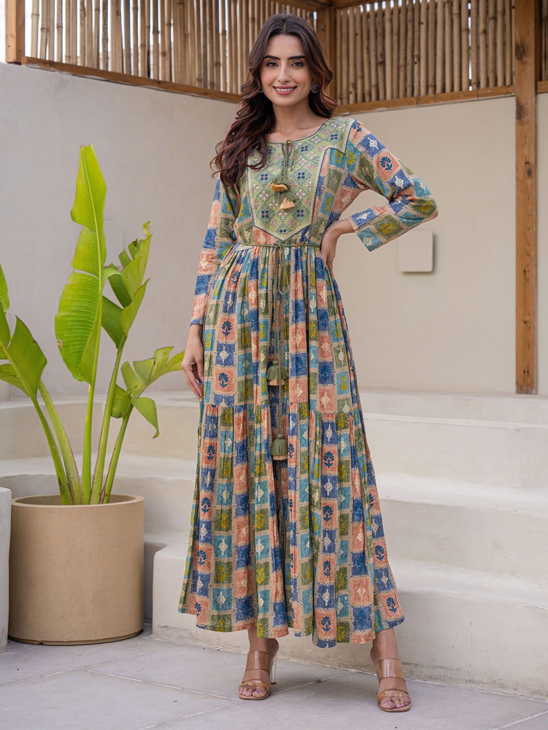 

FASHION DWAR Ethnic Motifs Print Cotton Fit and Flare Maxi Ethnic Dress, Green