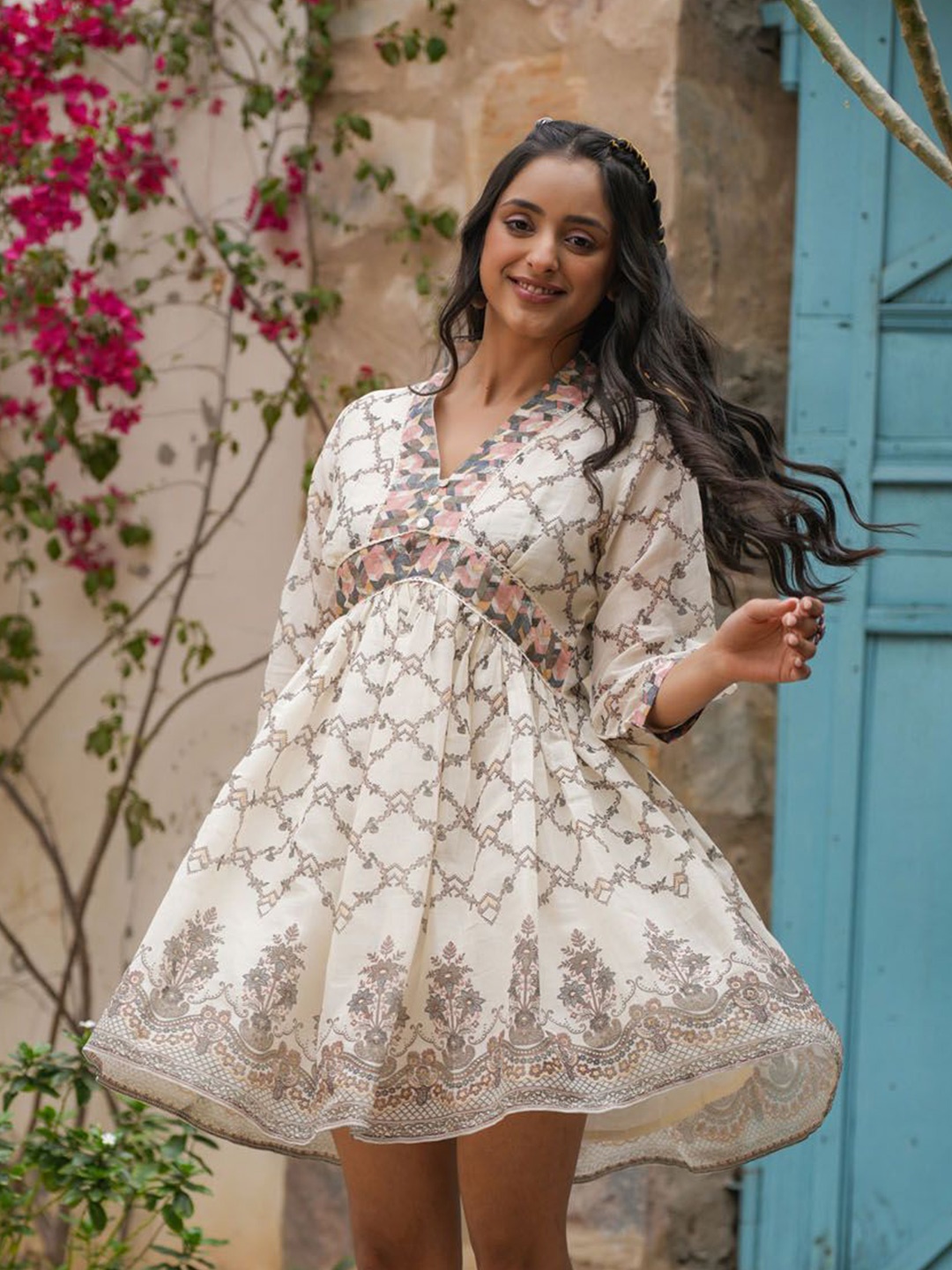 

FASHION DWAR Ethnic Motifs Cotton Fit & Flare Dress, Off white