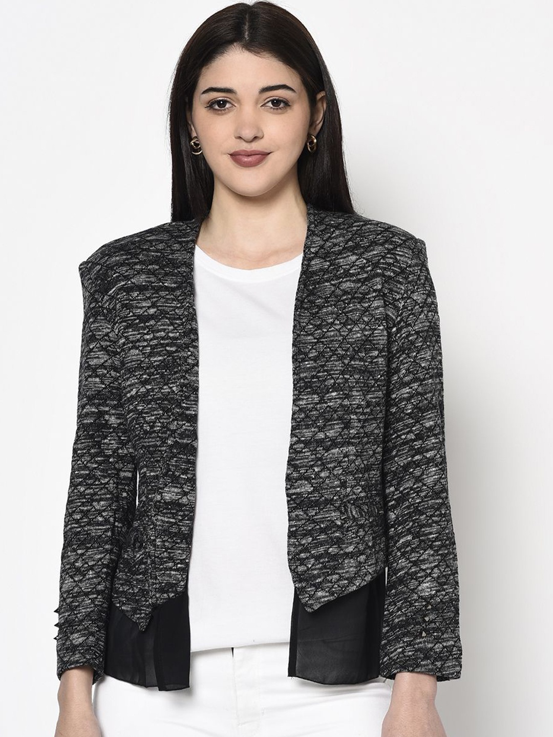 

Miss Grace Women Geometric Collarless Open Front Jacket, Black