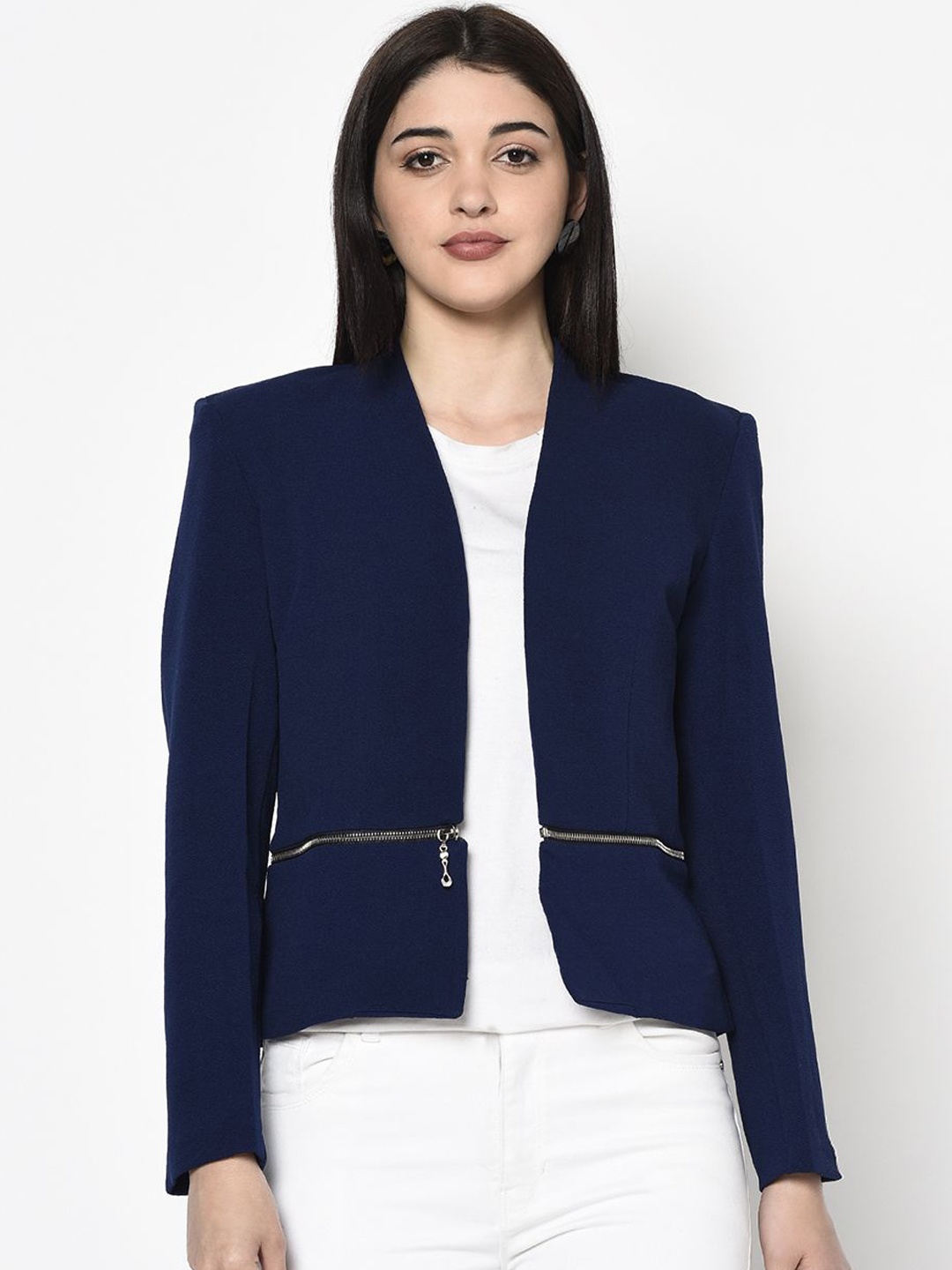 

Miss Grace Women Solid Crop Collarless Open Front Jacket, Navy blue
