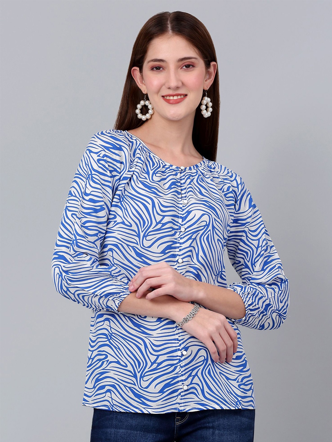 

Cantabil Abstract Printed Round Neck Top, Blue