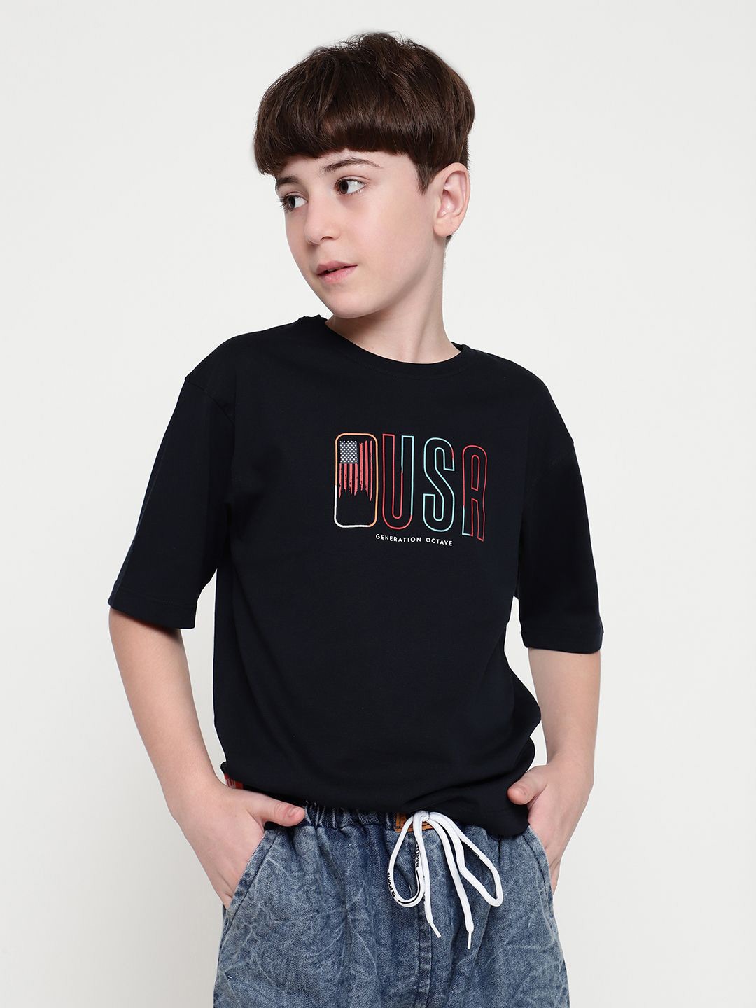 

Octave Boys Typography Printed Drop-Shoulder Sleeves T-shirt, Navy blue